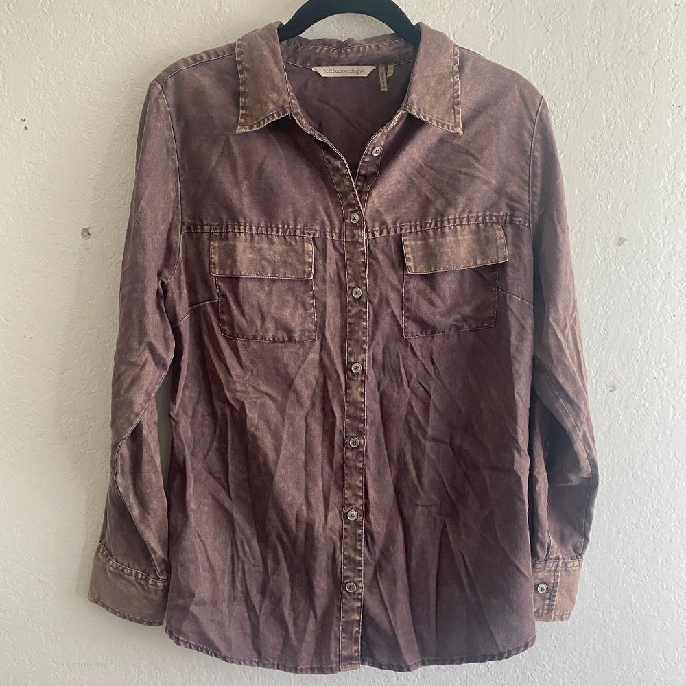Soft Surroundings Womens Shirt Blouse Acid Wash Petite Size SP Button Up Top